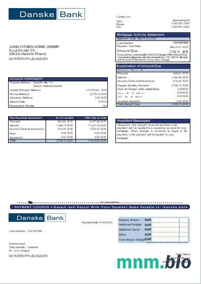 Finlandia Bank Danske wyciąg z kredytu hipotecznego szablon Word i PDF